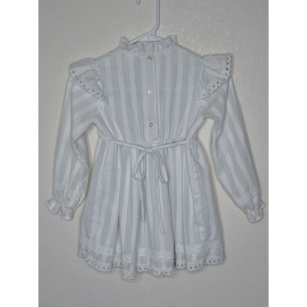 Vtg Montgomery Ward Dress Girls 6X White Striped‎ Ruffle Lace Cottagecore - Picture 2 of 12
